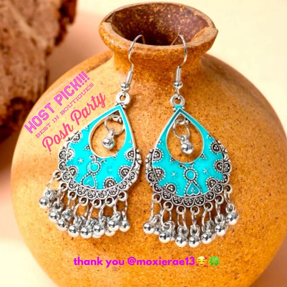 Bohemian Chic Southwest Elegance Turquoise Enamel & Silver Jhumka Ball E…